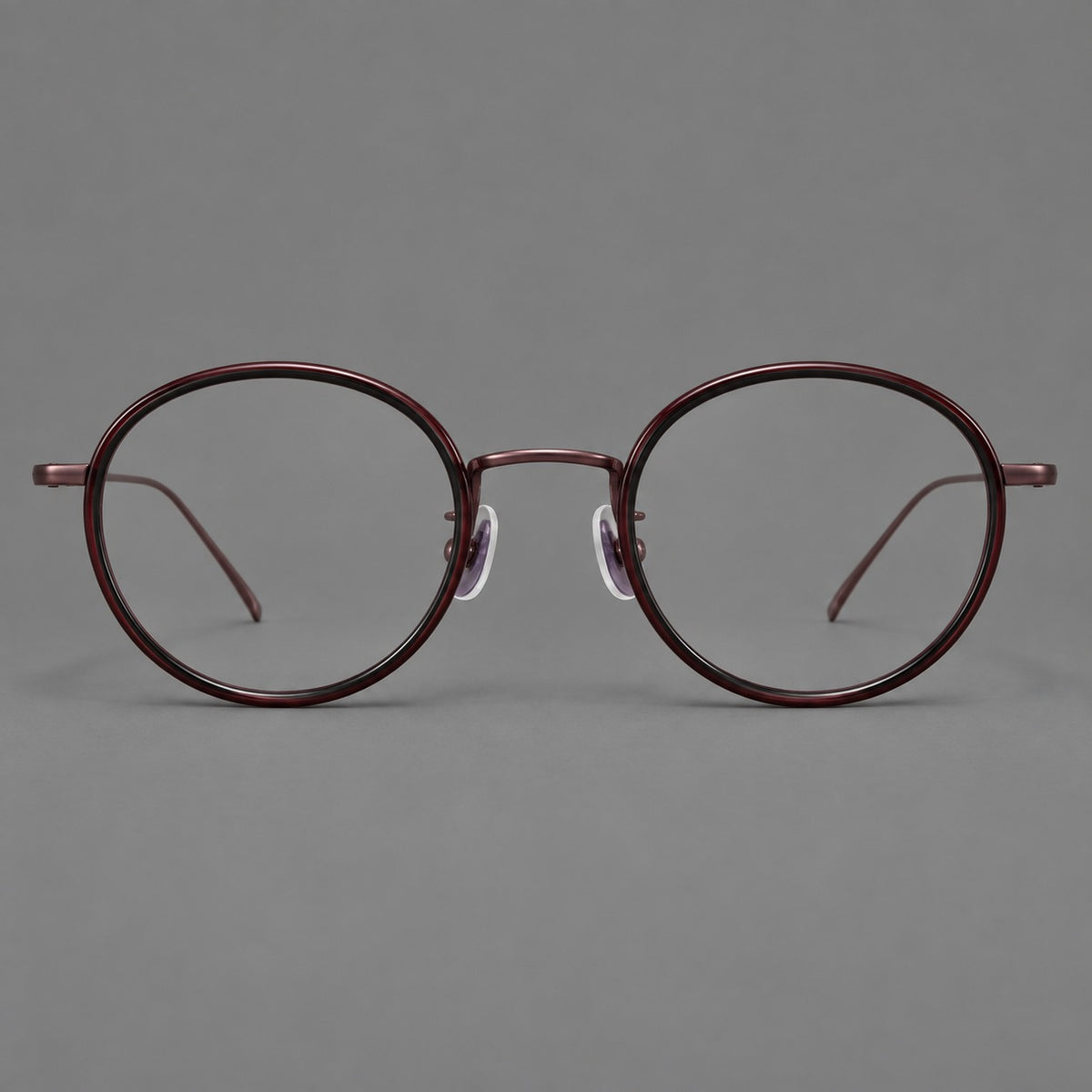 Classic round eyeglasses in acetate and titanium with slim rims and textured metal temples — Glossy Black / Wine Red — Front view [CINILY-JD2026-61005-C6]