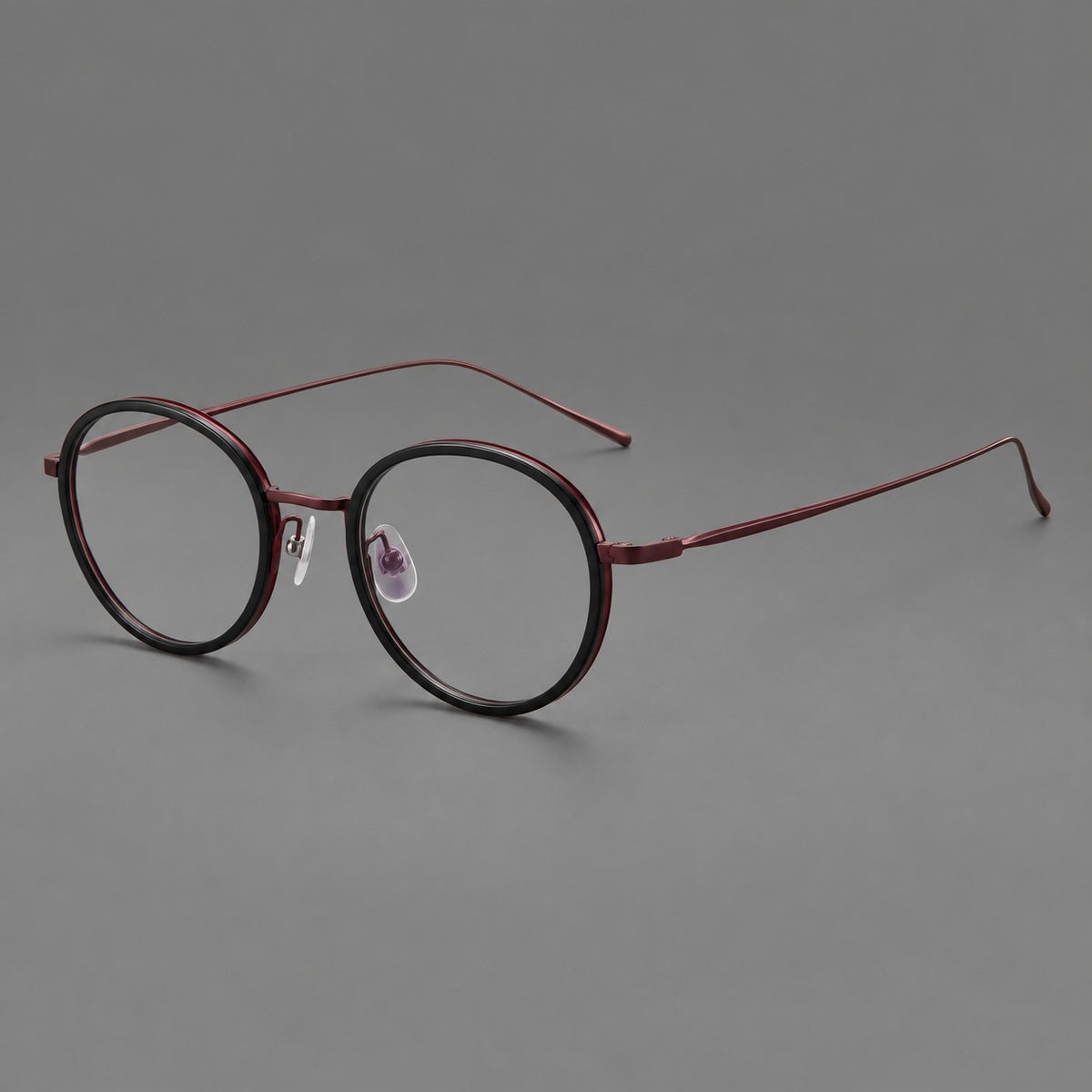 Classic round eyeglasses in acetate and titanium with slim rims and textured metal temples — Glossy Black / Wine Red — Main view [CINILY-JD2026-61005-C6]