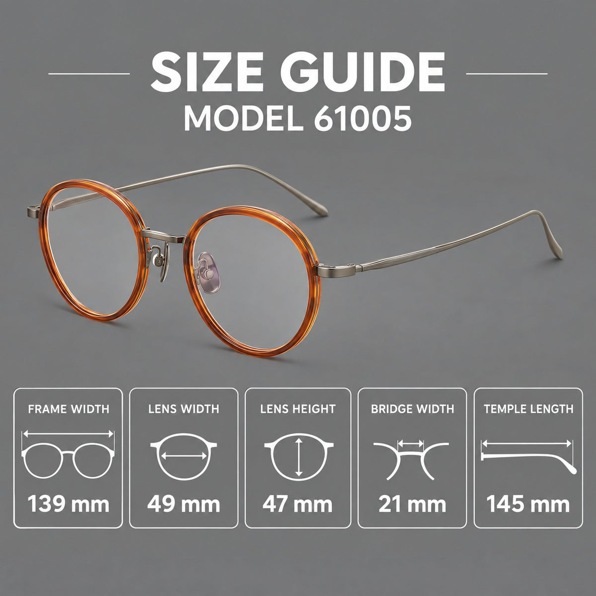 Classic round eyeglasses in acetate and titanium with slim rims and textured metal temples — 61005 — Size guide [JD2026-61005]