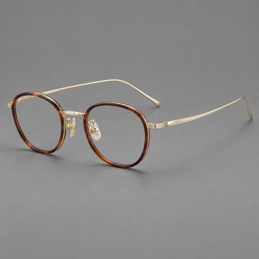 Vintage round eyeglasses in acetate and titanium with an engraved bridge and slender temples — Tortoiseshell / Light Gold — Main view [CINILY-JD2026-61006-C1]
