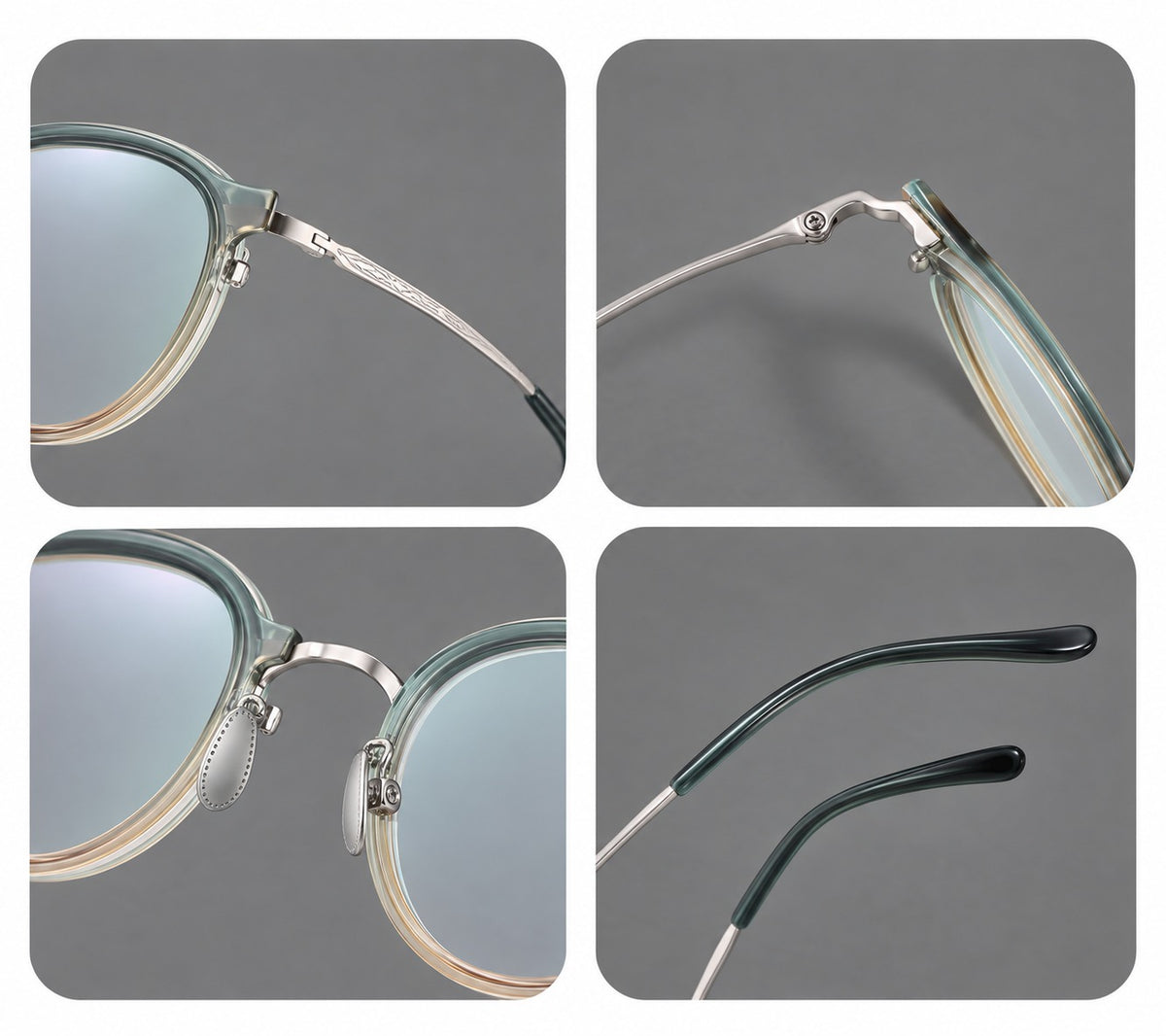 Softly rounded eyeglasses in acetate and titanium with a curved bridge and engraved temples — 61007 — Frame details [JD2026-61007]