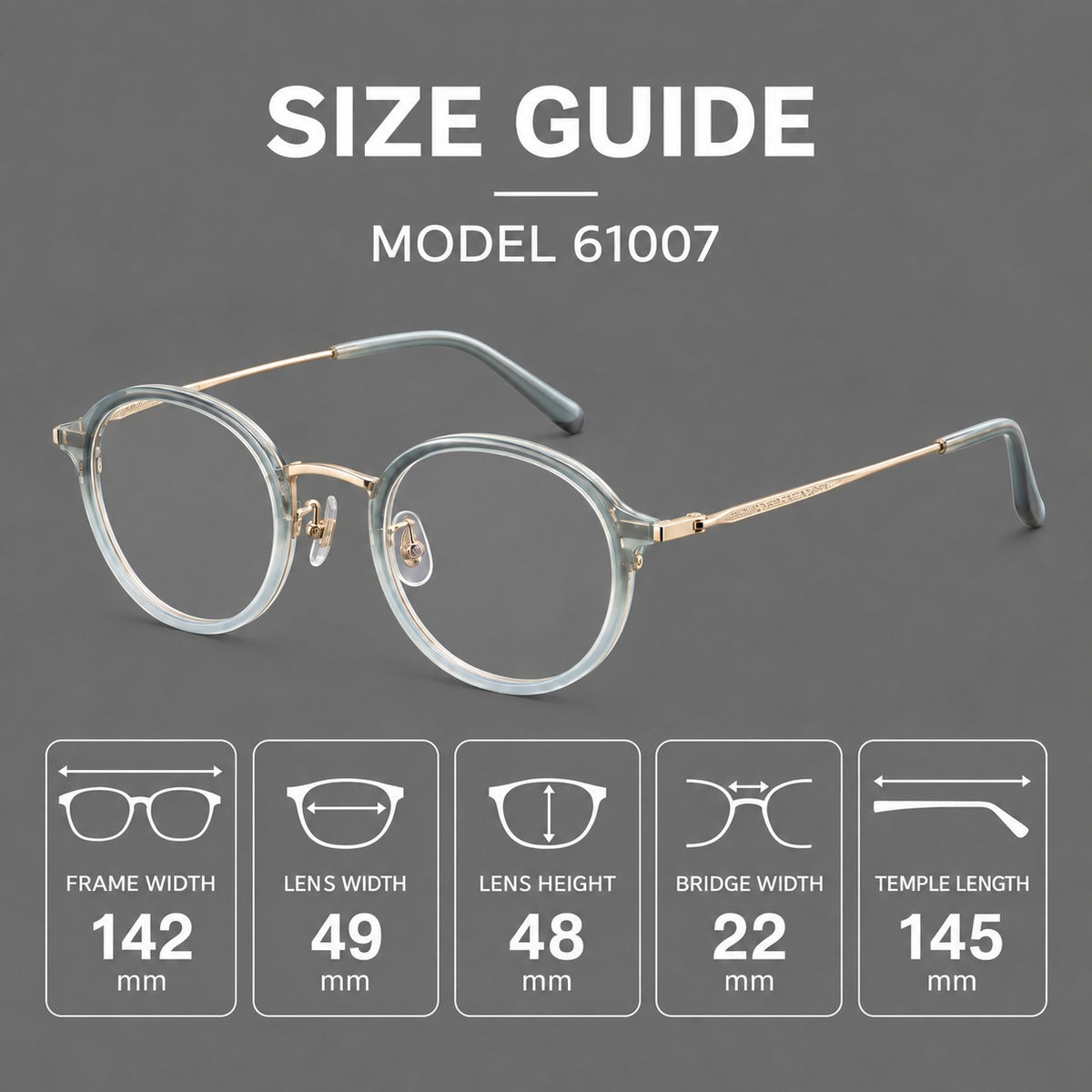 Softly rounded eyeglasses in acetate and titanium with a curved bridge and engraved temples — 61007 — Size guide [JD2026-61007]