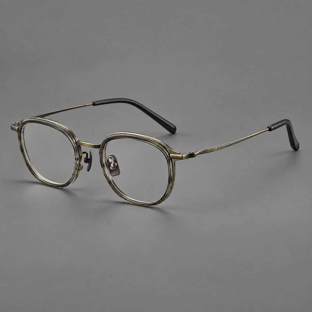 Soft square eyeglasses in acetate and titanium with rounded corners and decorative metal temples — Ice Grey Tortoiseshell / Antique Gold — Main view [CINILY-JD2026-61008-C1]