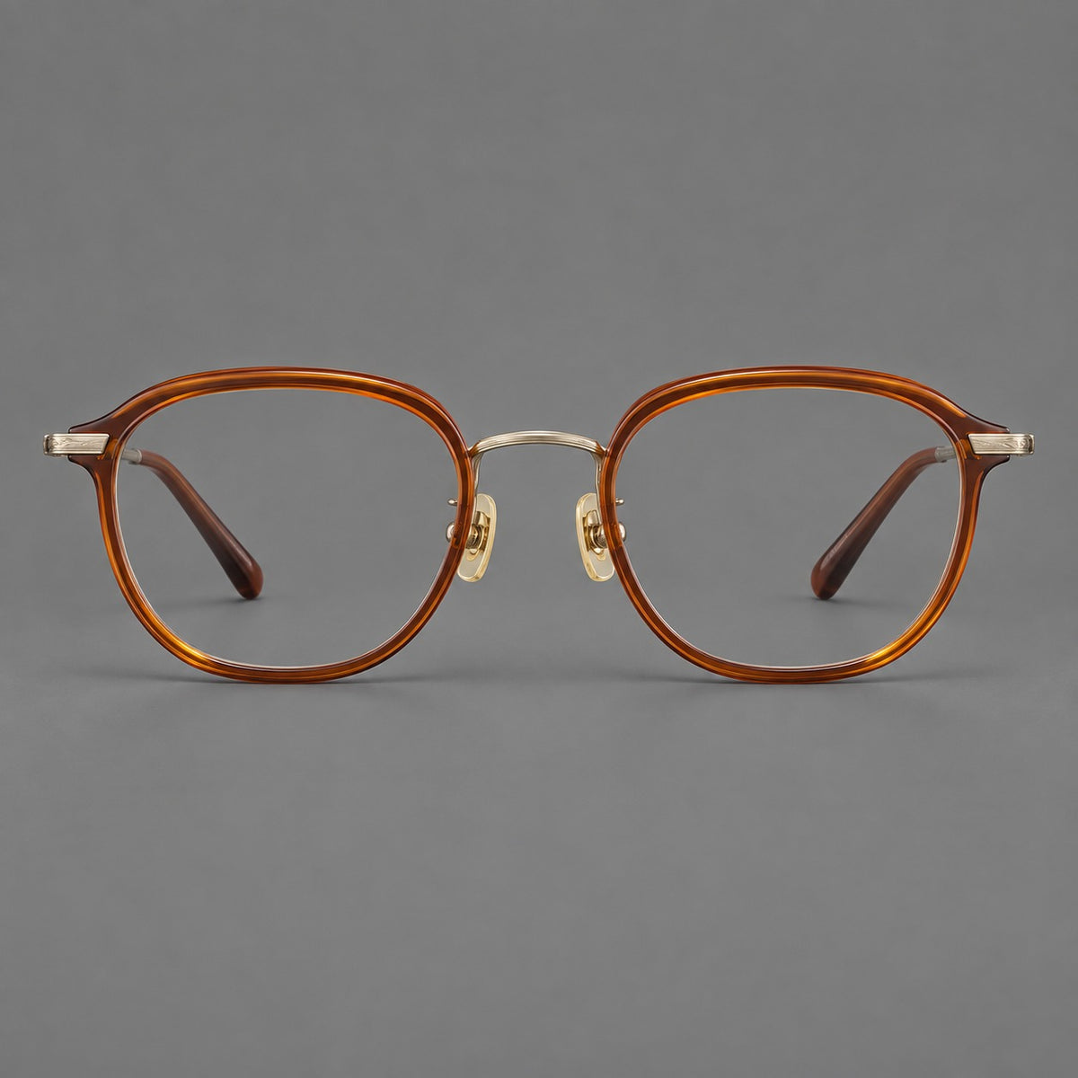 Soft square eyeglasses in acetate and titanium with rounded corners and decorative metal temples — Brown Tortoiseshell / Antique Gold — Front view [CINILY-JD2026-61008-C2]