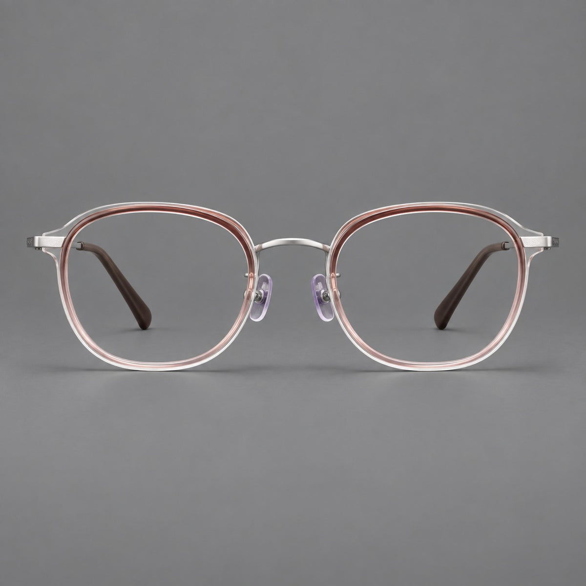 Soft square eyeglasses in acetate and titanium with rounded corners and decorative metal temples — Clear Tea Gradient / Silver — Front view [CINILY-JD2026-61008-C3]