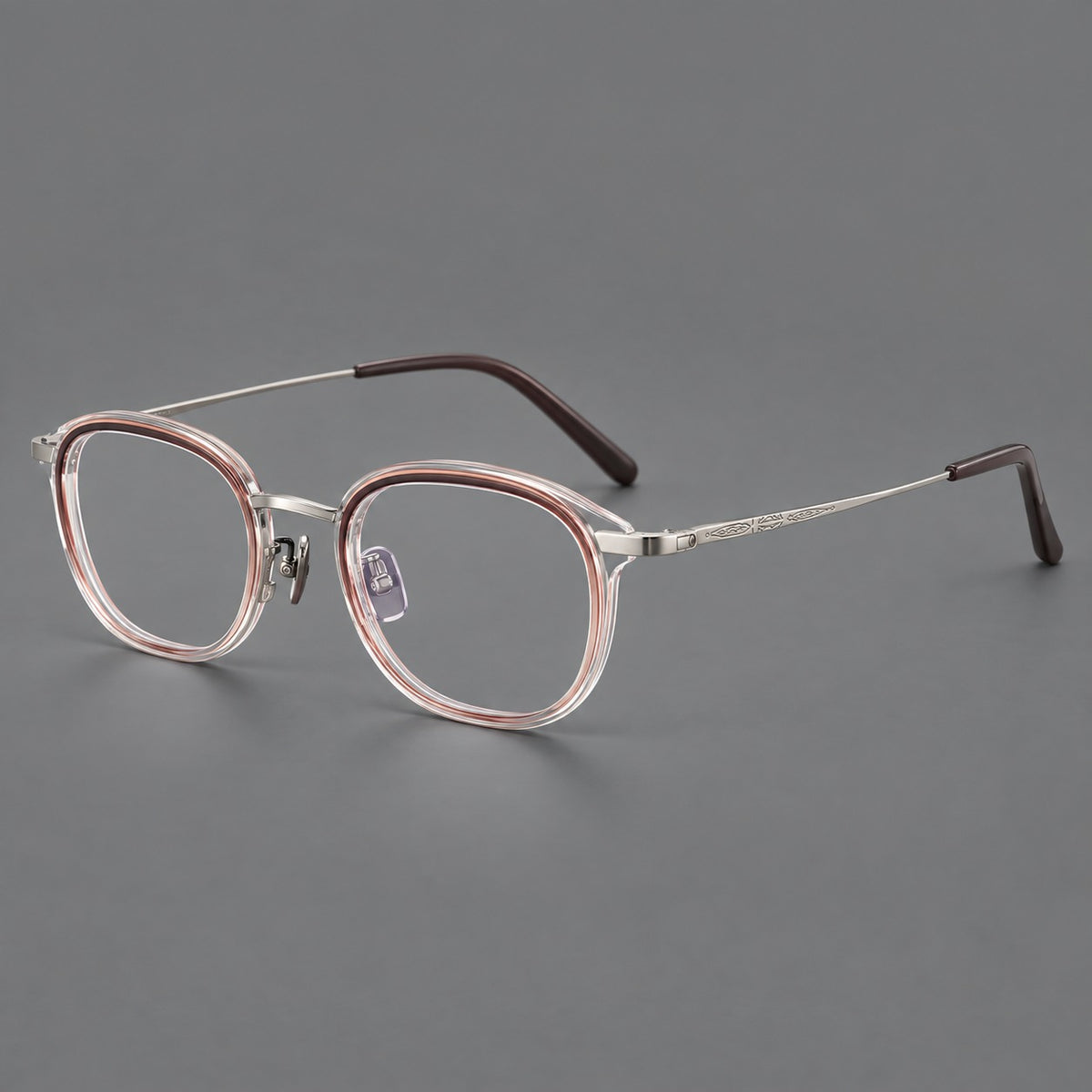 Soft square eyeglasses in acetate and titanium with rounded corners and decorative metal temples — Clear Tea Gradient / Silver — Main view [CINILY-JD2026-61008-C3]