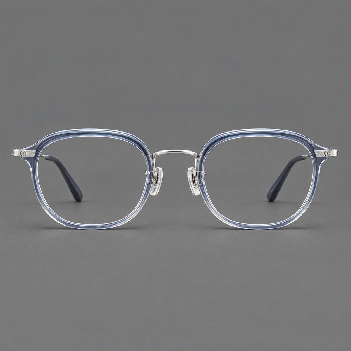 Soft square eyeglasses in acetate and titanium with rounded corners and decorative metal temples — Grey Blue Gradient / Silver — Front view [CINILY-JD2026-61008-C5]