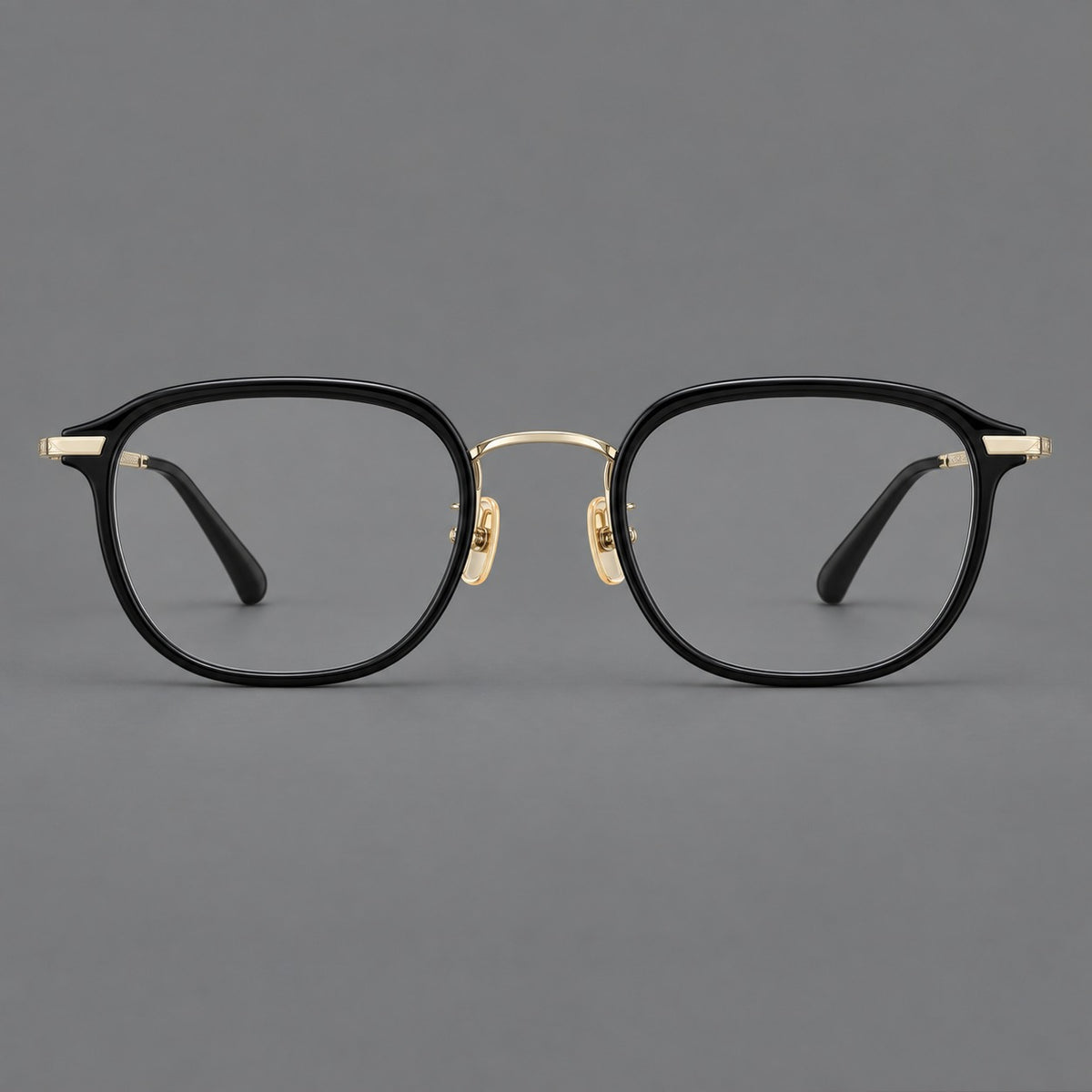 Soft square eyeglasses in acetate and titanium with rounded corners and decorative metal temples — Matte Black / Light Gold — Front view [CINILY-JD2026-61008-C6]
