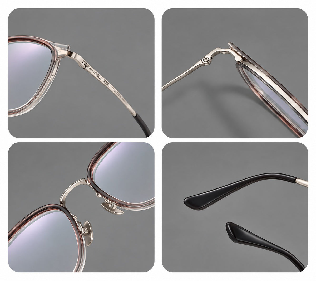 Soft square eyeglasses in acetate and titanium with rounded corners and decorative metal temples — 61008 — Frame details [JD2026-61008]