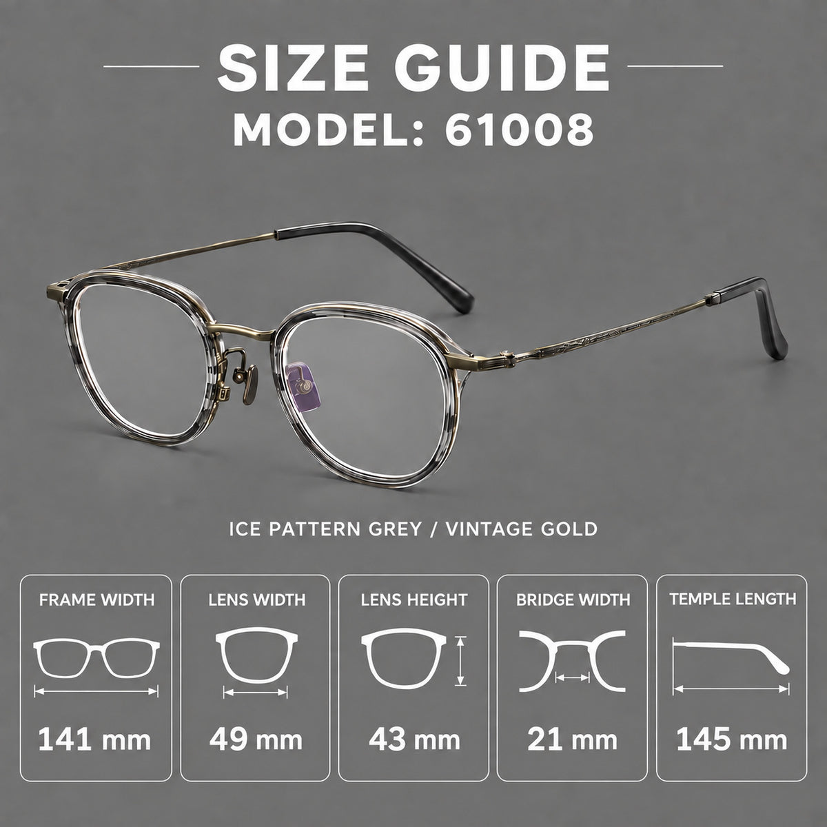 Soft square eyeglasses in acetate and titanium with rounded corners and decorative metal temples — 61008 — Size guide [JD2026-61008]