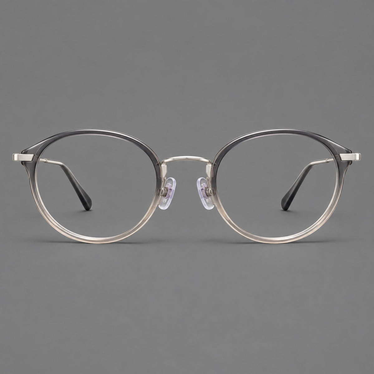Retro panto eyeglasses in acetate and titanium with an arched bridge and engraved metal temples — Grey Green Gradient / Silver — Front view [CINILY-JD2026-61009-C3]