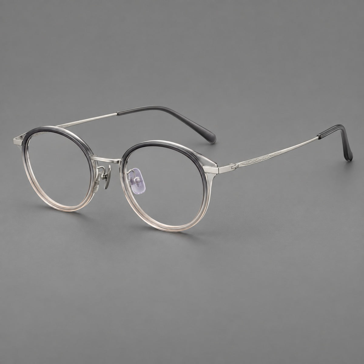 Retro panto eyeglasses in acetate and titanium with an arched bridge and engraved metal temples — Grey Green Gradient / Silver — Main view [CINILY-JD2026-61009-C3]
