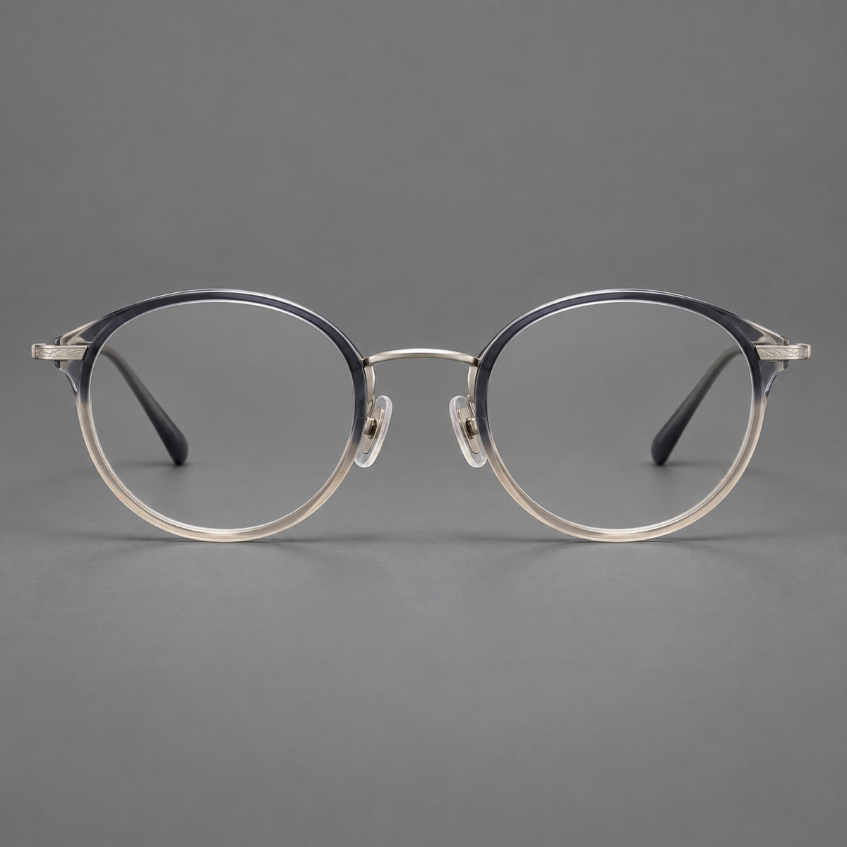 Retro panto eyeglasses in acetate and titanium with an arched bridge and engraved metal temples — Grey Blue Tea Gradient / Light Gunmetal — Front view [CINILY-JD2026-61009-C5]