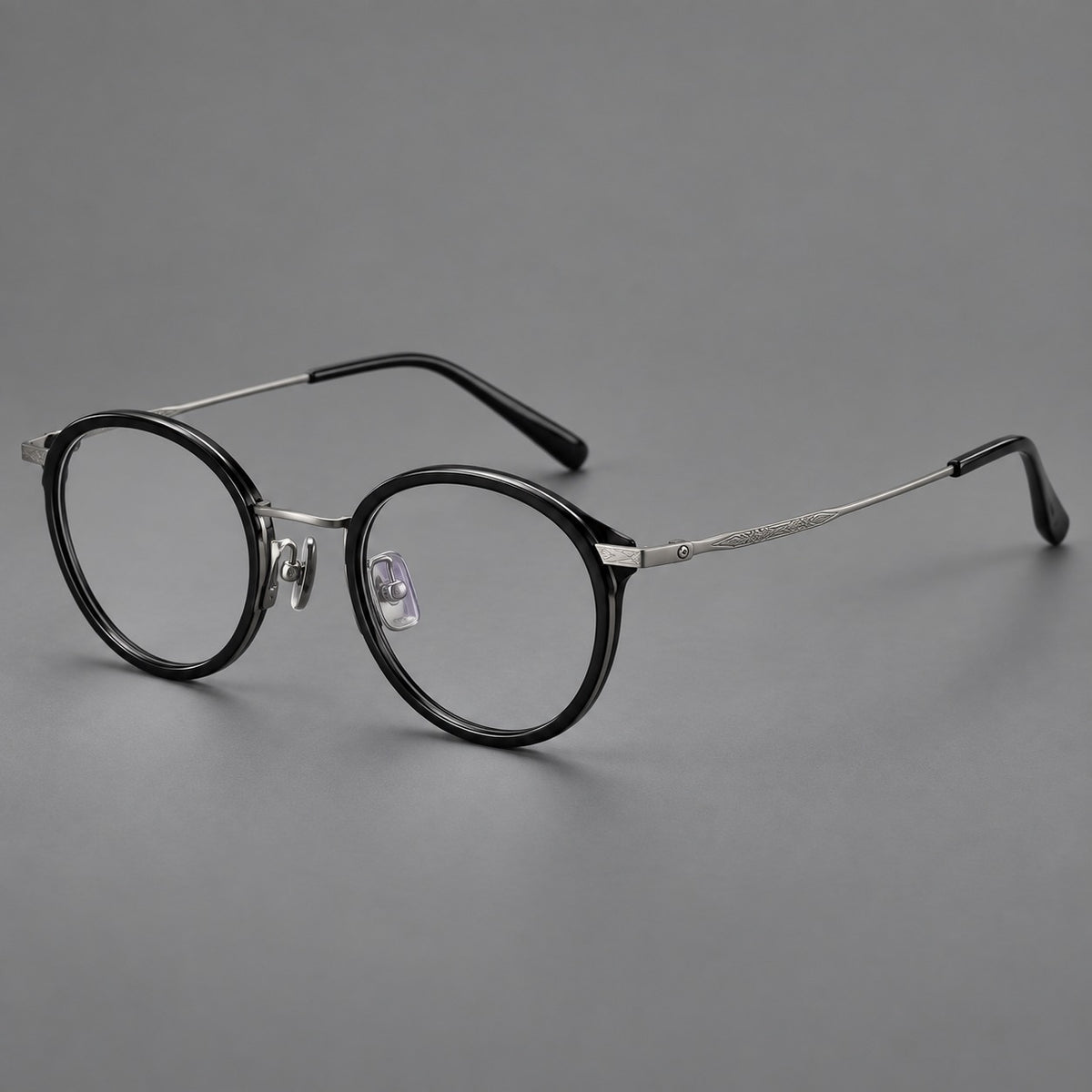 Retro panto eyeglasses in acetate and titanium with an arched bridge and engraved metal temples — Glossy Black / Matte Gunmetal — Main view [CINILY-JD2026-61009-C6]