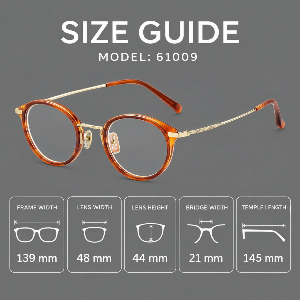 Retro panto eyeglasses in acetate and titanium with an arched bridge and engraved metal temples — 61009 — Size guide [JD2026-61009]
