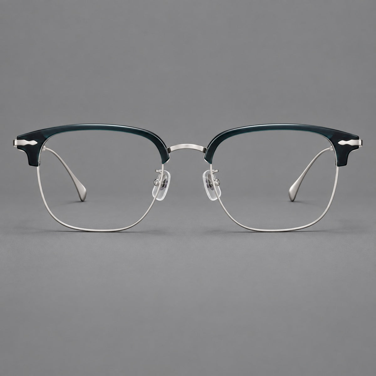 Browline eyeglasses in acetate and titanium with slim metal lower rims and decorative corners — Peacock Blue / Silver — Front view [CINILY-JD2026-61012-C2]