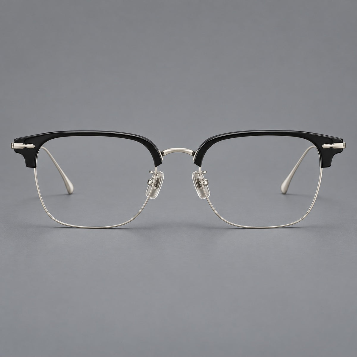 Browline eyeglasses in acetate and titanium with slim metal lower rims and decorative corners — Glossy Black / Silver — Front view [CINILY-JD2026-61012-C5]