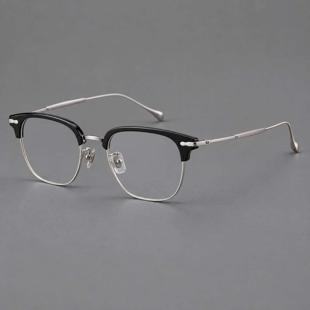 Browline eyeglasses in acetate and titanium with slim metal lower rims and decorative corners — Glossy Black / Silver — Main view [CINILY-JD2026-61012-C5]