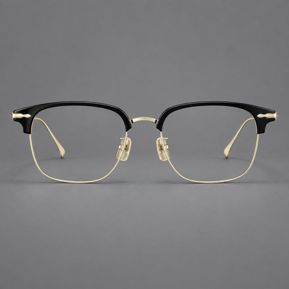 Browline eyeglasses in acetate and titanium with slim metal lower rims and decorative corners — Glossy Black / Gold — Front view [CINILY-JD2026-61012-C6]