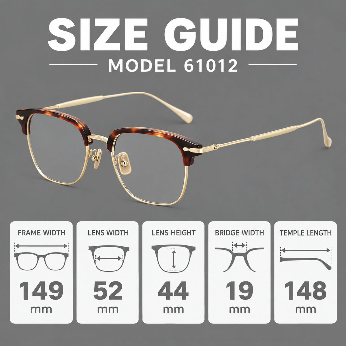 Browline eyeglasses in acetate and titanium with slim metal lower rims and decorative corners — 61012 — Size guide [JD2026-61012]