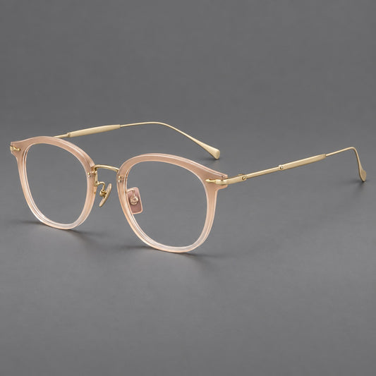 Panto eyeglasses in acetate and titanium with curved brows and decorative metal corner accents — Nude Pink / Gold — Main view [CINILY-JD2026-61014-C1]