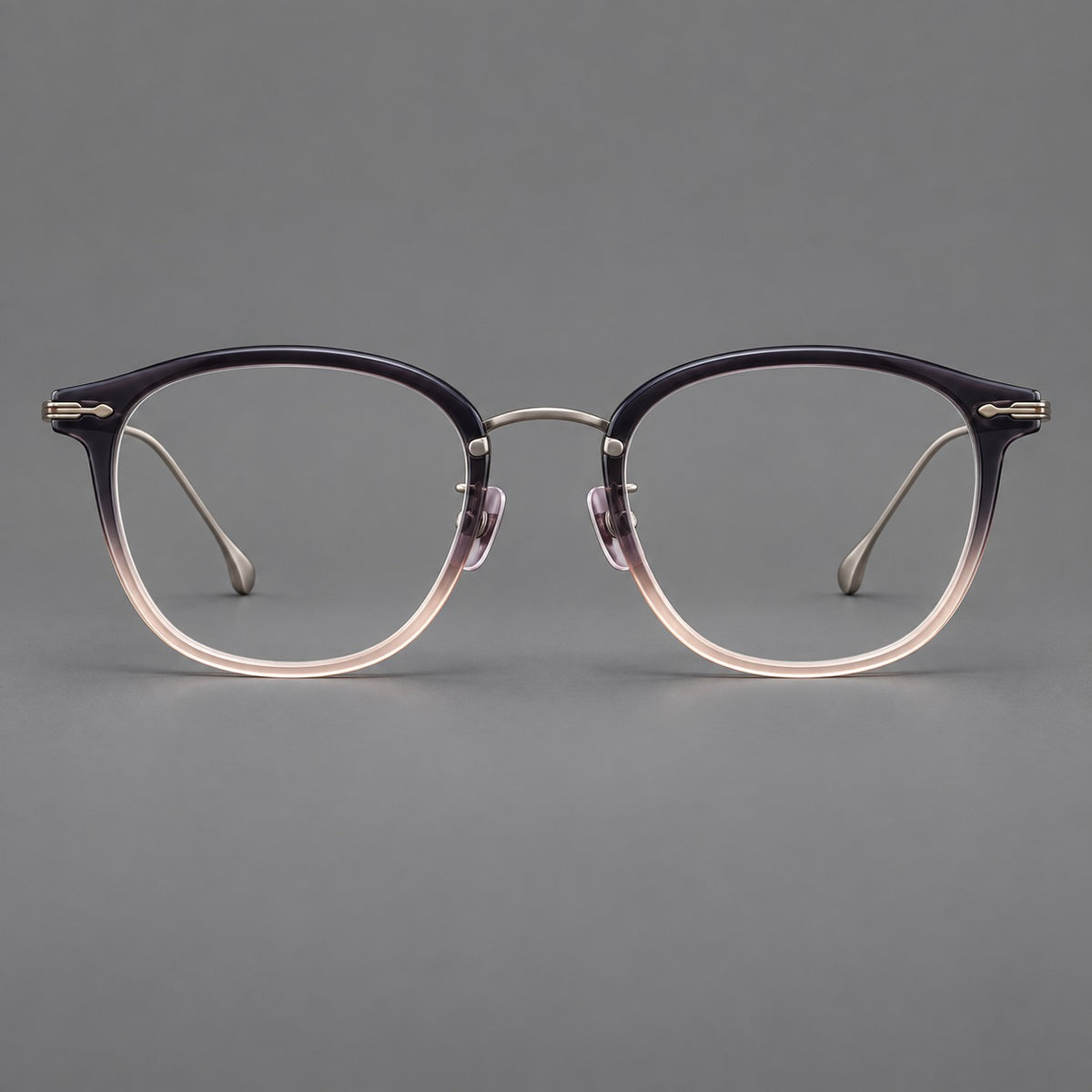 Panto eyeglasses in acetate and titanium with curved brows and decorative metal corner accents — Purple Pink Gradient / Gunmetal — Front view [CINILY-JD2026-61014-C2]
