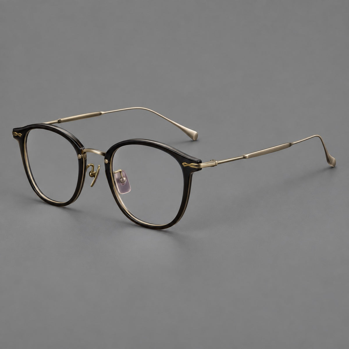 Panto eyeglasses in acetate and titanium with curved brows and decorative metal corner accents — Glossy Black / Antique Bronze — Main view [CINILY-JD2026-61014-C6]