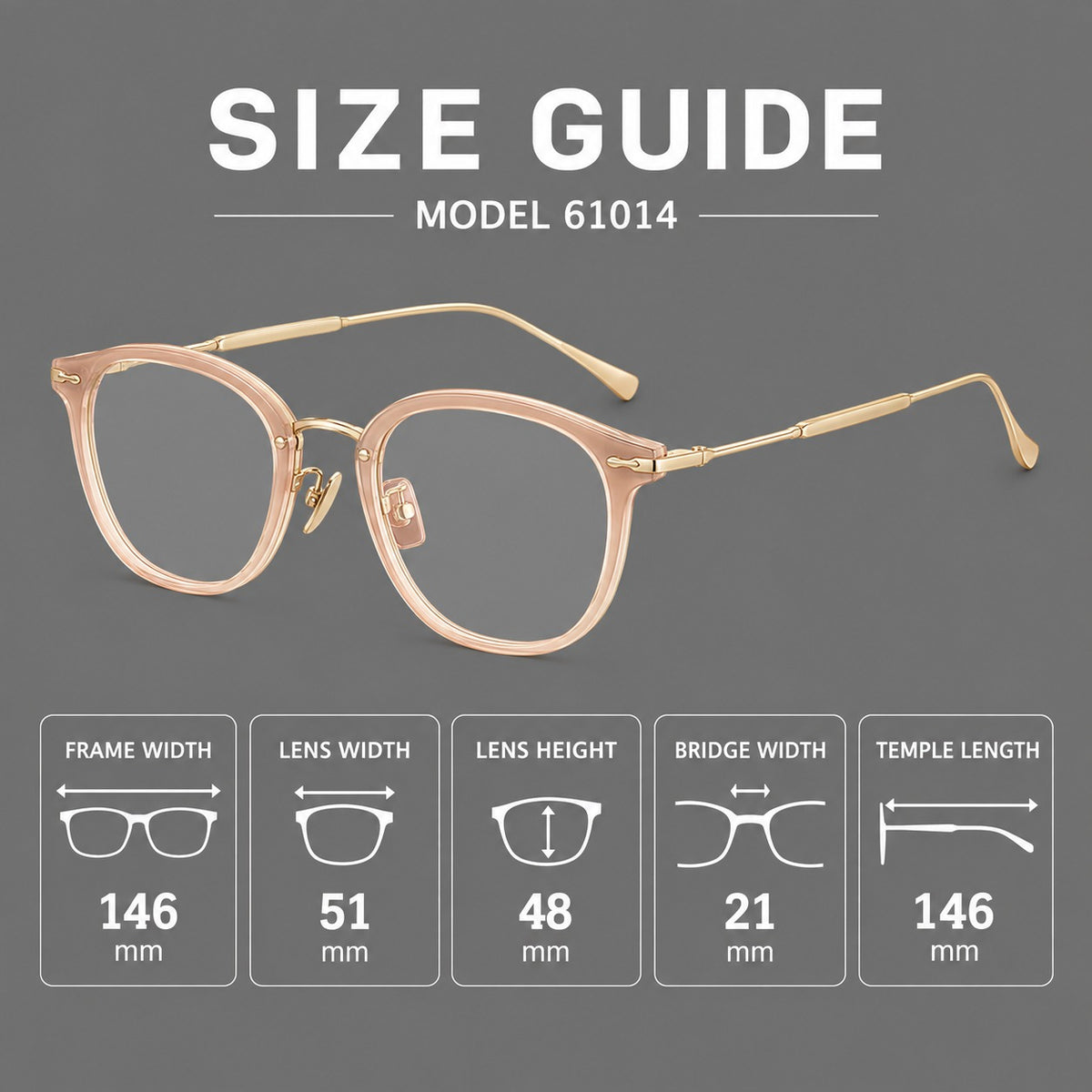 Panto eyeglasses in acetate and titanium with curved brows and decorative metal corner accents — 61014 — Size guide [JD2026-61014]