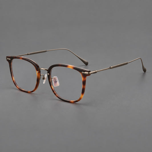 Retro square eyeglasses in acetate and titanium with rounded edges and sculpted corner accents — Tortoiseshell / Antique Copper — Main view [CINILY-JD2026-61015-C1]