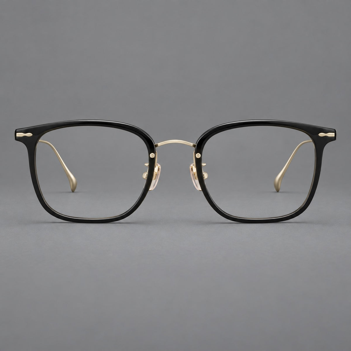 Retro square eyeglasses in acetate and titanium with rounded edges and sculpted corner accents — Glossy Black / Gold — Front view [CINILY-JD2026-61015-C5]