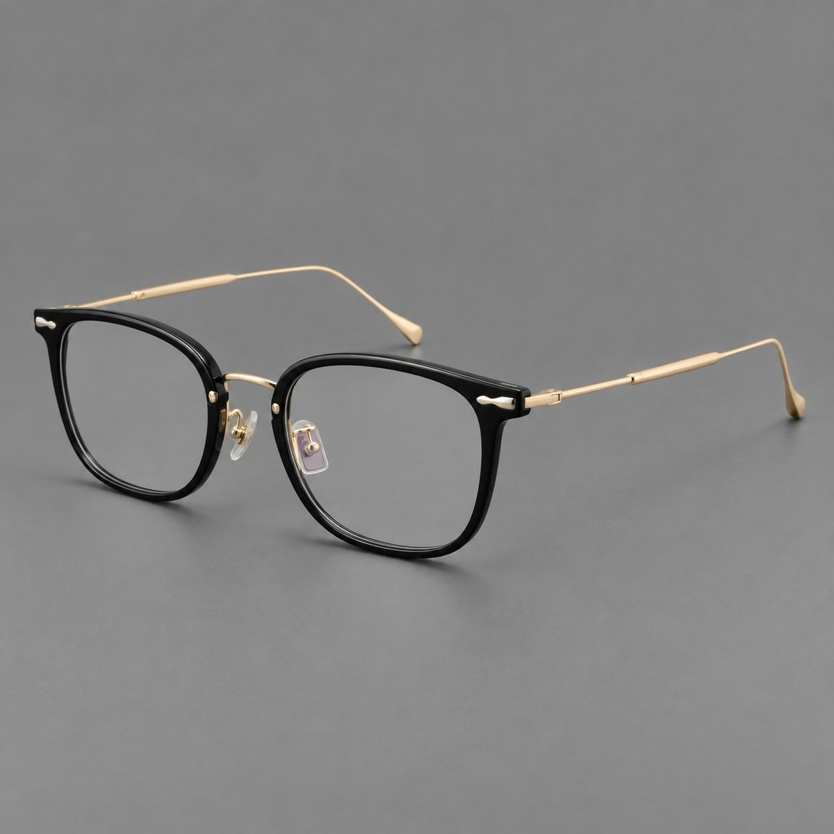 Retro square eyeglasses in acetate and titanium with rounded edges and sculpted corner accents — Glossy Black / Gold — Main view [CINILY-JD2026-61015-C5]