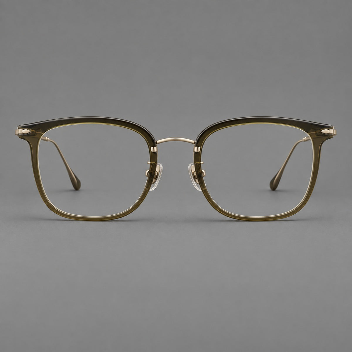 Retro square eyeglasses in acetate and titanium with rounded edges and sculpted corner accents — Green / Antique Bronze — Front view [CINILY-JD2026-61015-C6]