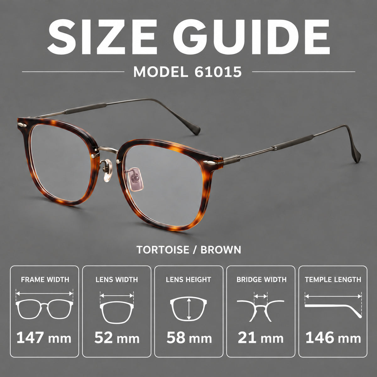 Retro square eyeglasses in acetate and titanium with rounded edges and sculpted corner accents — 61015 — Size guide [JD2026-61015]