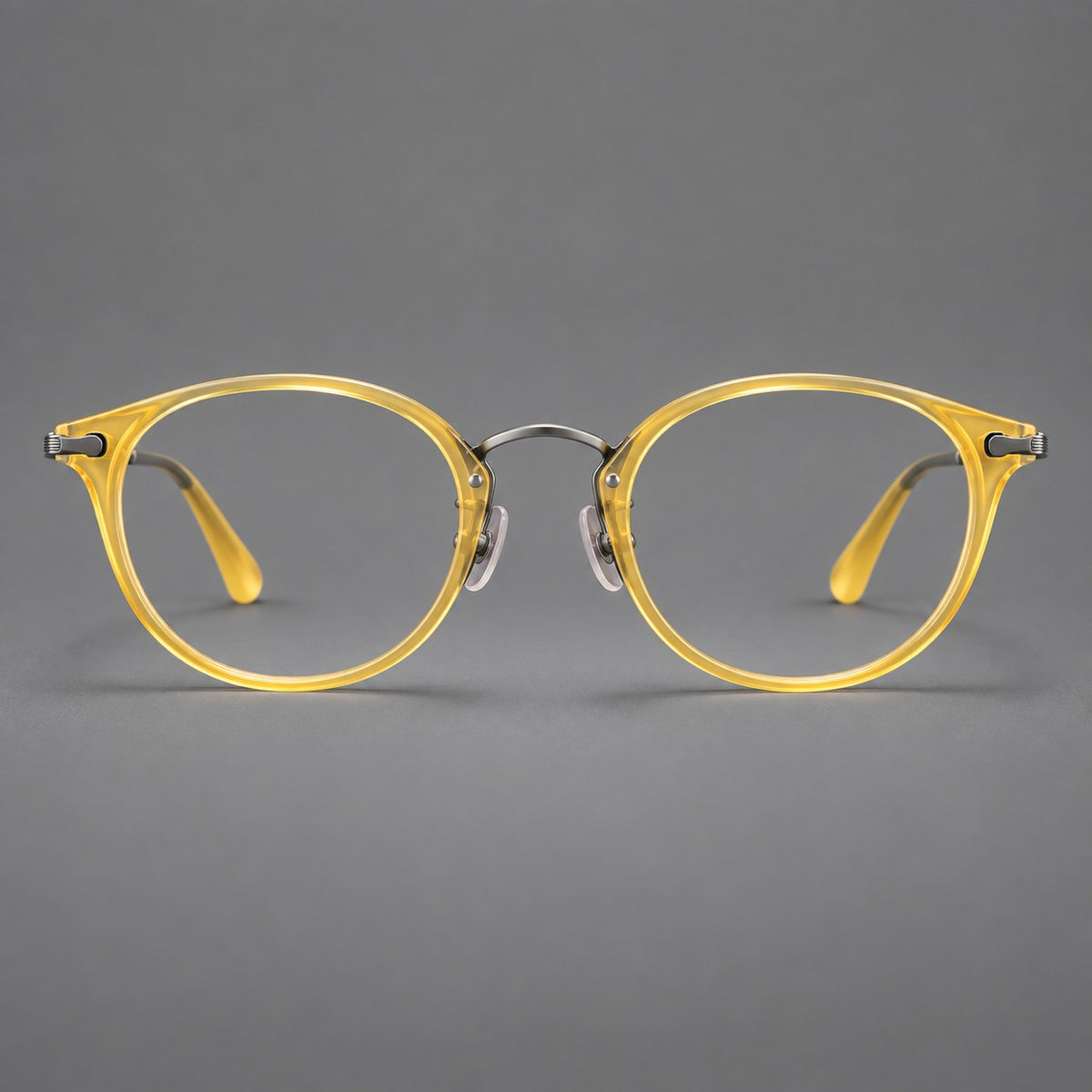 Vintage panto eyeglasses in acetate and titanium with raised brows and textured metal temples — Lemon Yellow / Gunmetal — Front view [CINILY-JD2026-61017-C5]