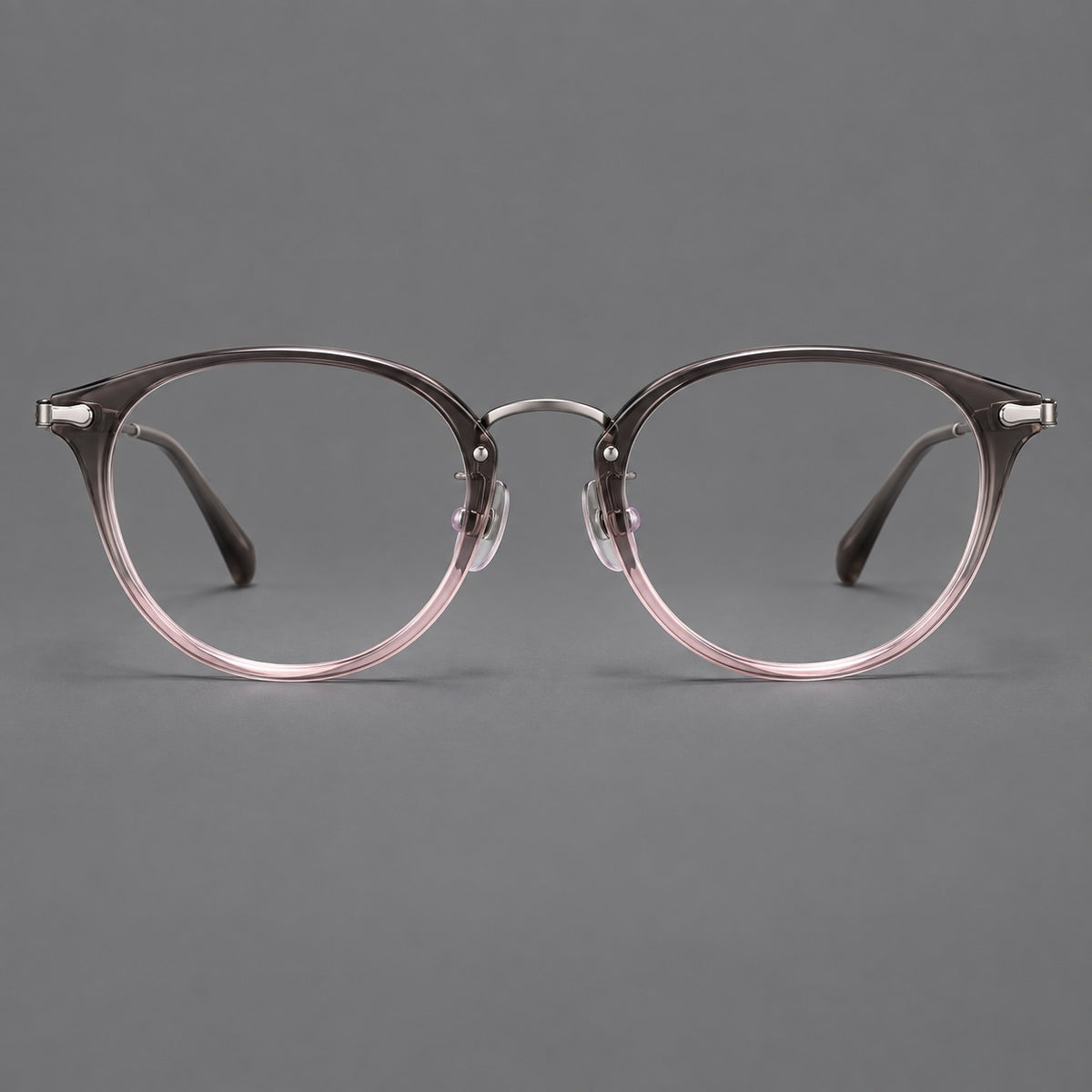 Vintage panto eyeglasses in acetate and titanium with raised brows and textured metal temples — Mist Pink Gradient / Gunmetal — Front view [CINILY-JD2026-61017-C6]
