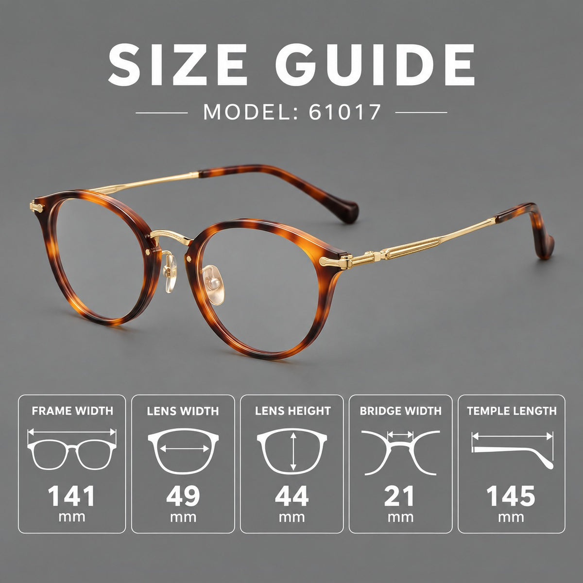 Vintage panto eyeglasses in acetate and titanium with raised brows and textured metal temples — 61017 — Size guide [JD2026-61017]