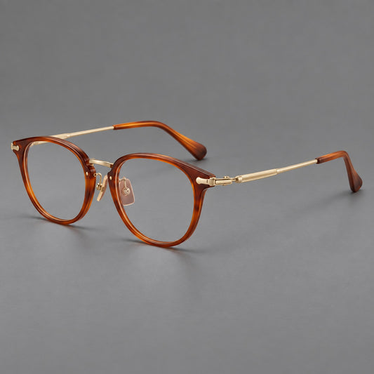 Classic soft square eyeglasses in acetate and titanium with engraved temples and corner accents — Amber Tortoiseshell / Gold — Main view [CINILY-JD2026-61018-C1]