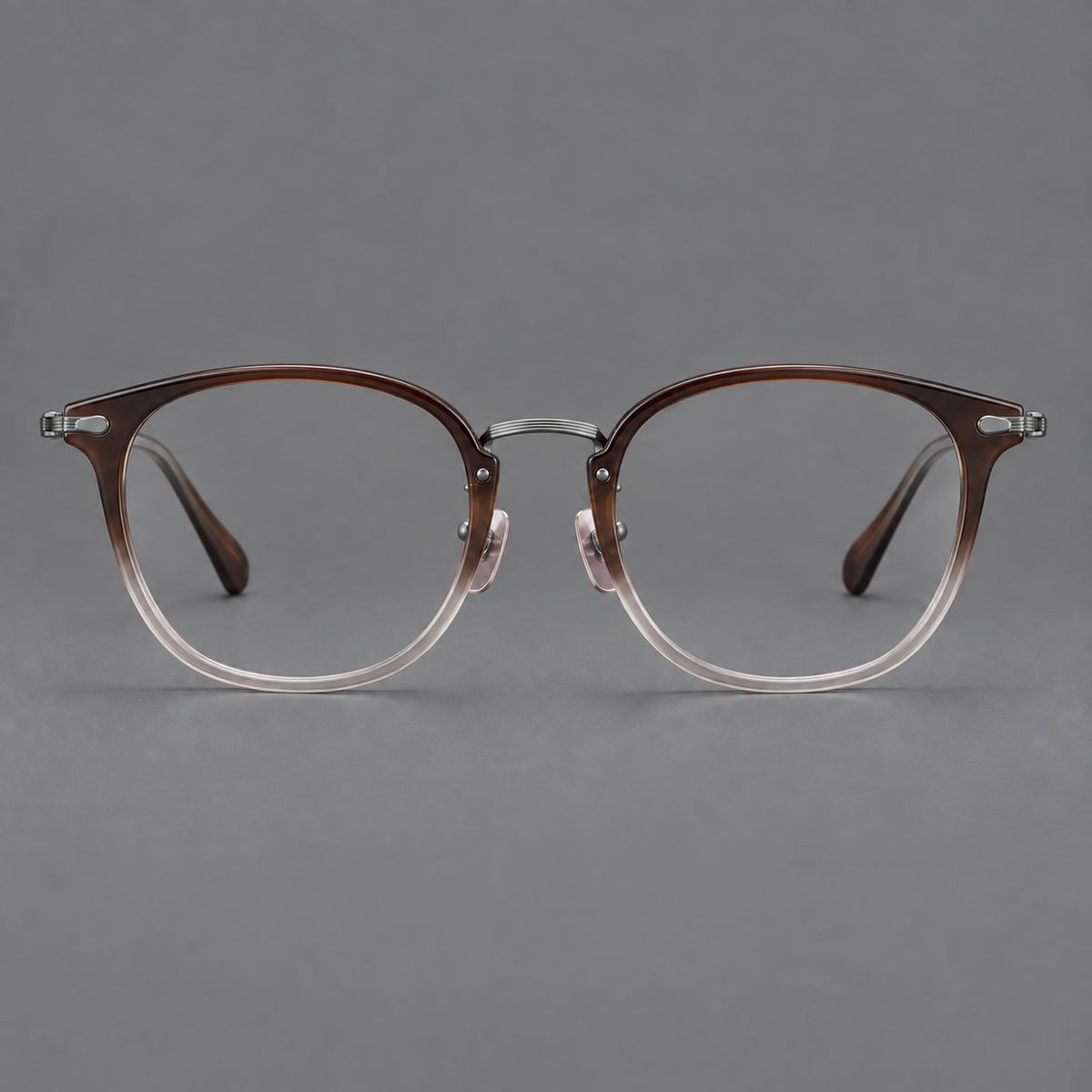 Classic soft square eyeglasses in acetate and titanium with engraved temples and corner accents — Tea Brown Gradient / Dark Grey — Front view [CINILY-JD2026-61018-C2]