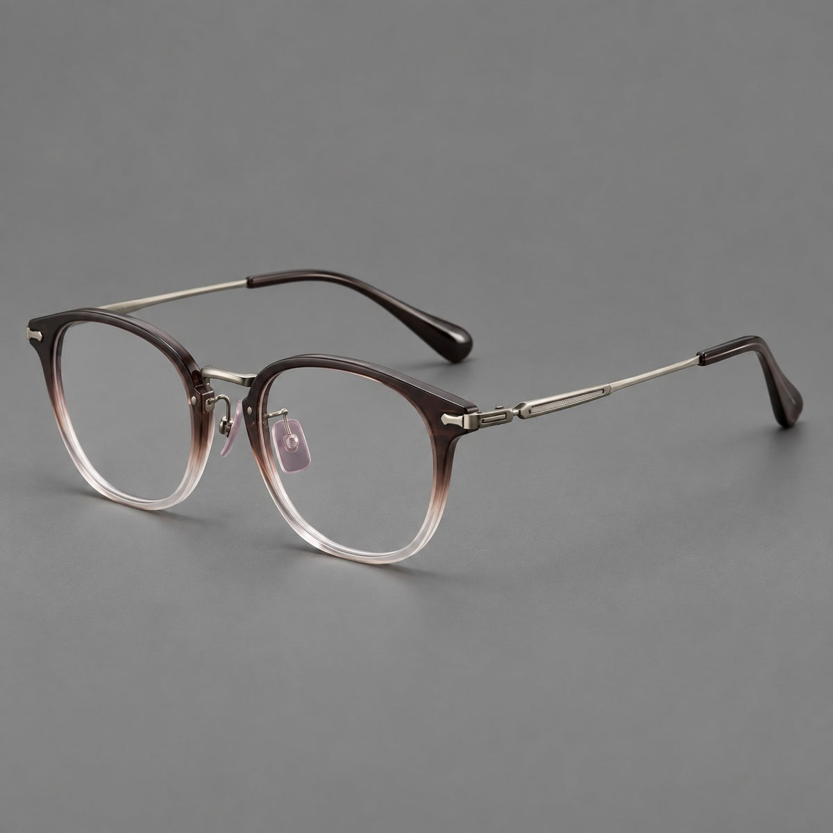 Classic soft square eyeglasses in acetate and titanium with engraved temples and corner accents — Tea Brown Gradient / Dark Grey — Main view [CINILY-JD2026-61018-C2]