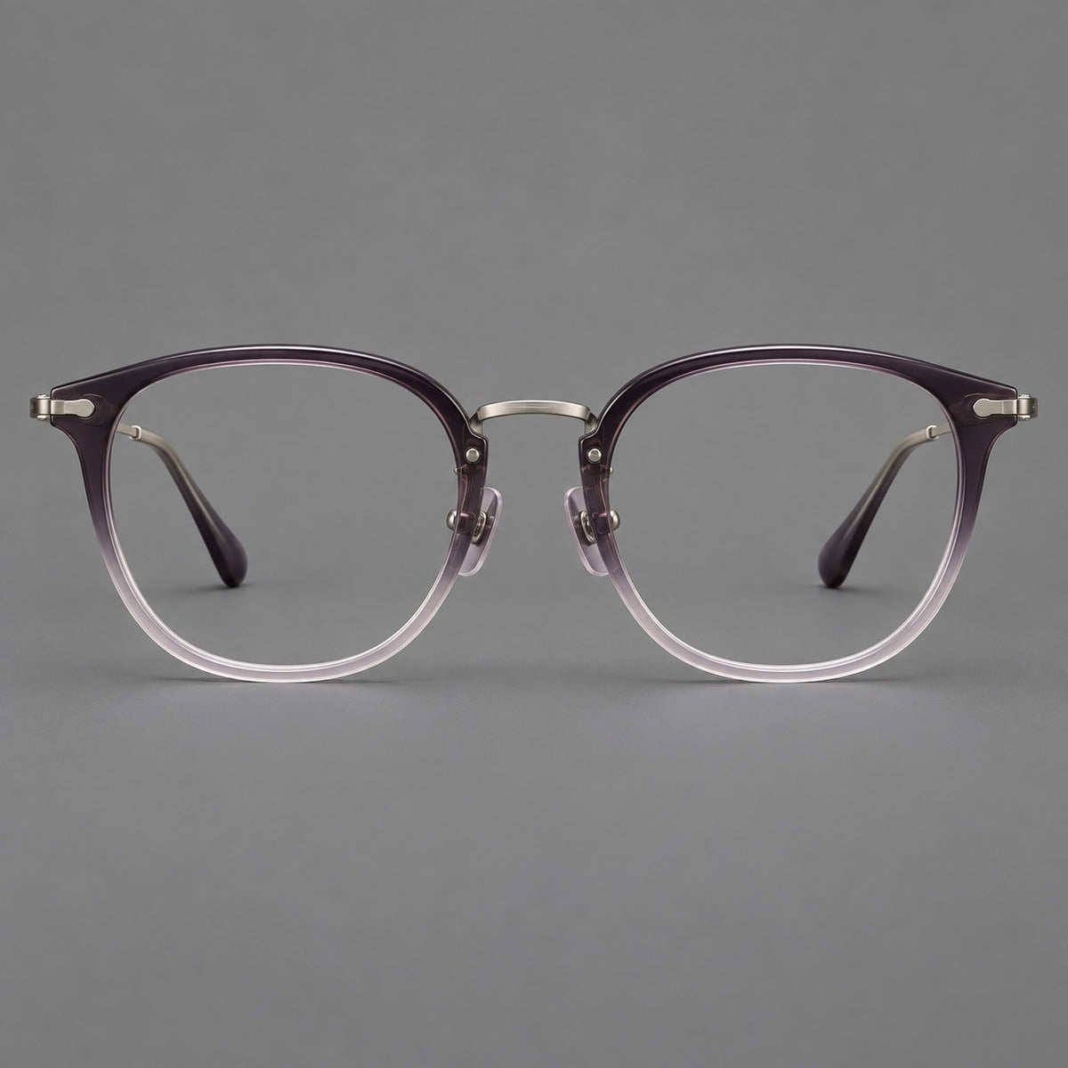 Classic soft square eyeglasses in acetate and titanium with engraved temples and corner accents — Purple Grey Gradient / Gunmetal — Front view [CINILY-JD2026-61018-C3]