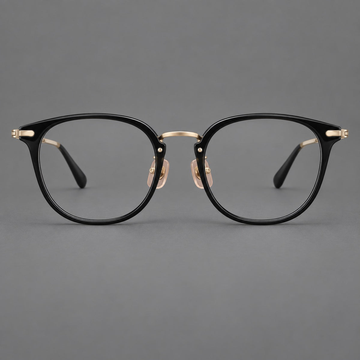 Classic soft square eyeglasses in acetate and titanium with engraved temples and corner accents — Glossy Black / Gold — Front view [CINILY-JD2026-61018-C5]