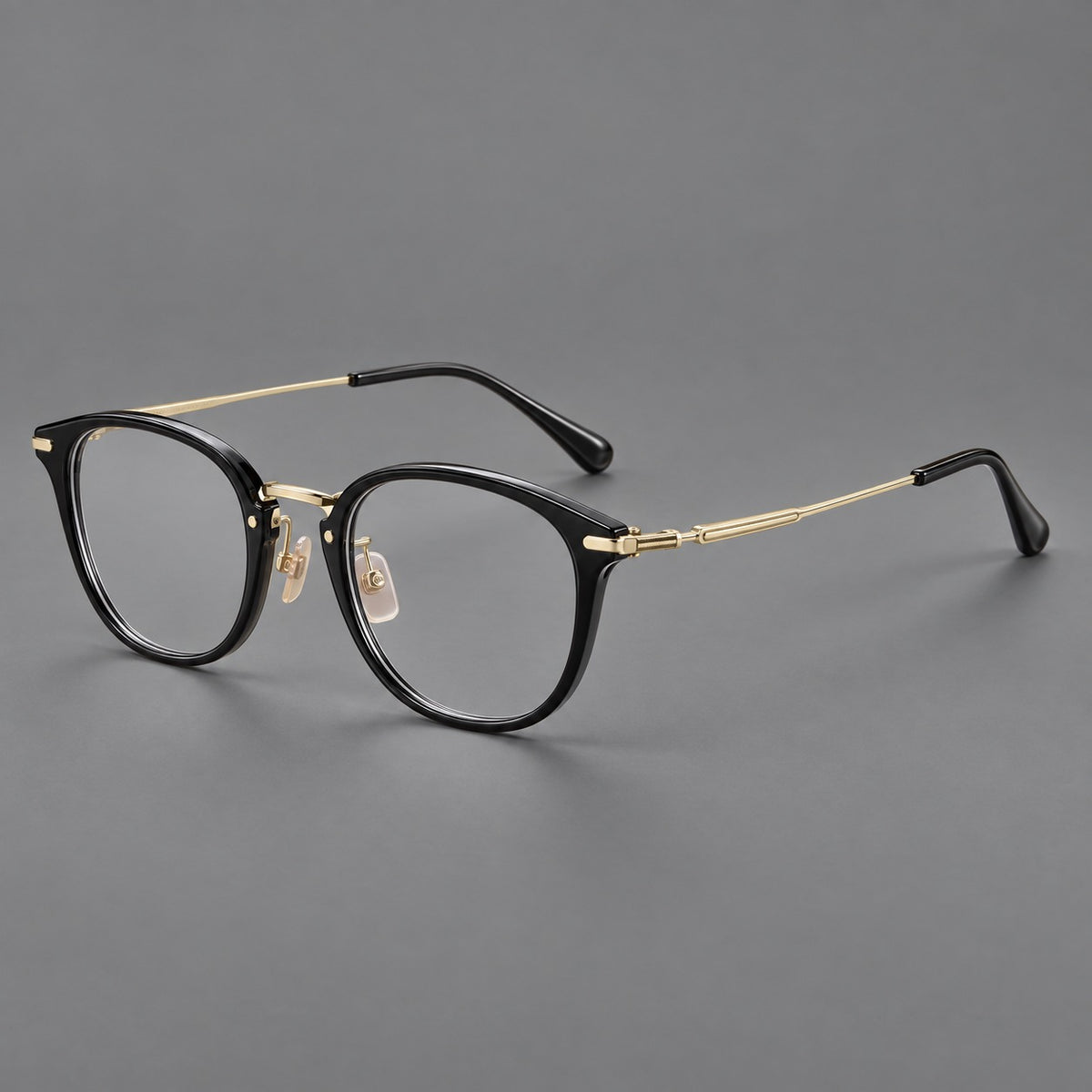 Classic soft square eyeglasses in acetate and titanium with engraved temples and corner accents — Glossy Black / Gold — Main view [CINILY-JD2026-61018-C5]