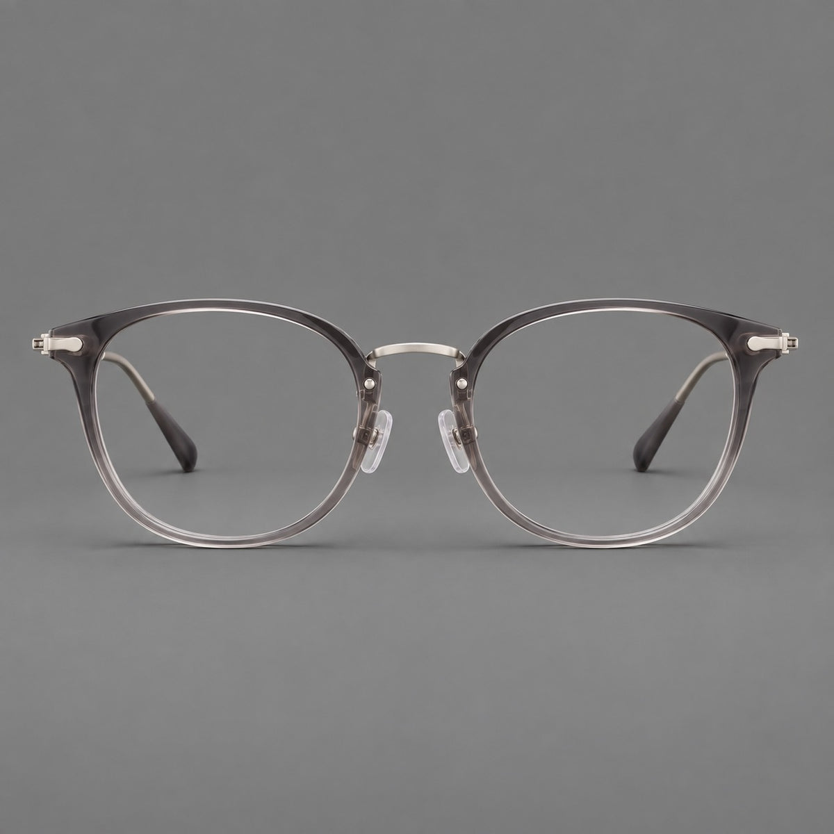 Classic soft square eyeglasses in acetate and titanium with engraved temples and corner accents — Mist Grey / Silver — Front view [CINILY-JD2026-61018-C6]