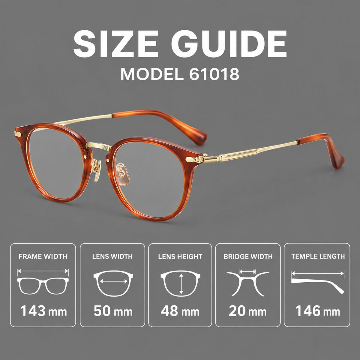 Classic soft square eyeglasses in acetate and titanium with engraved temples and corner accents — 61018 — Size guide [JD2026-61018]