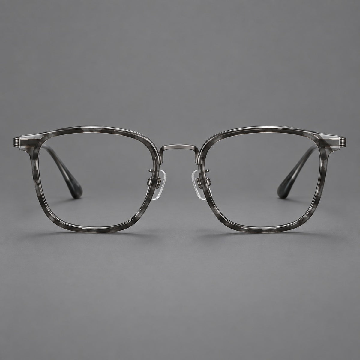 Soft square eyeglasses in acetate and titanium with wide upper corners and fine metal temples — Marbled Grey / Gunmetal — Front view [CINILY-JD2026-61021-C2]