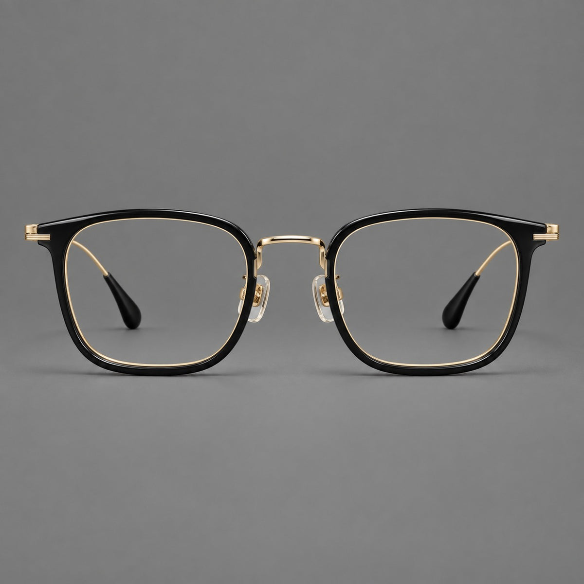 Soft square eyeglasses in acetate and titanium with wide upper corners and fine metal temples — Glossy Black / Gold — Front view [CINILY-JD2026-61021-C3]