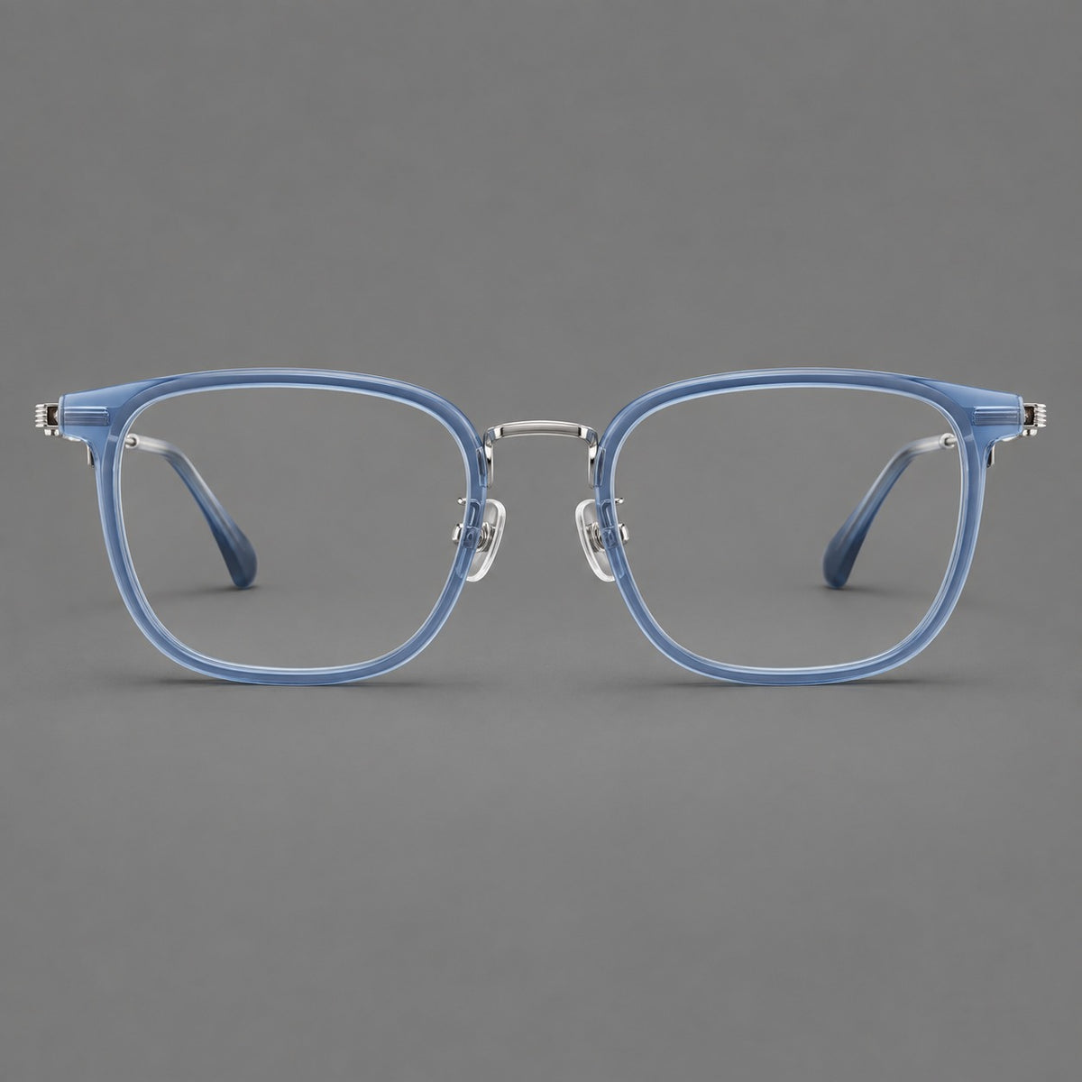Soft square eyeglasses in acetate and titanium with wide upper corners and fine metal temples — Clear Blue / Silver — Front view [CINILY-JD2026-61021-C5]