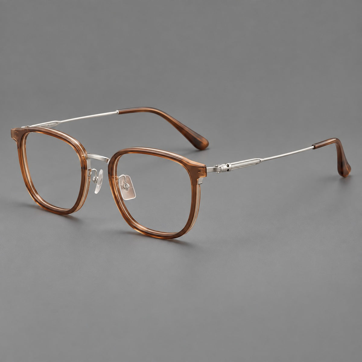 Soft square eyeglasses in acetate and titanium with wide upper corners and fine metal temples — Clear Tea / Silver — Main view [CINILY-JD2026-61021-C6]