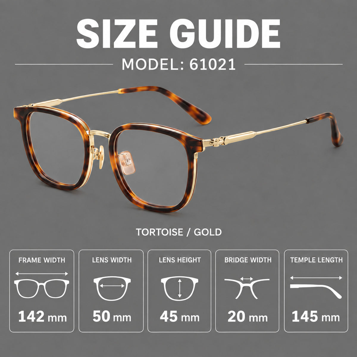 Soft square eyeglasses in acetate and titanium with wide upper corners and fine metal temples — 61021 — Size guide [JD2026-61021]
