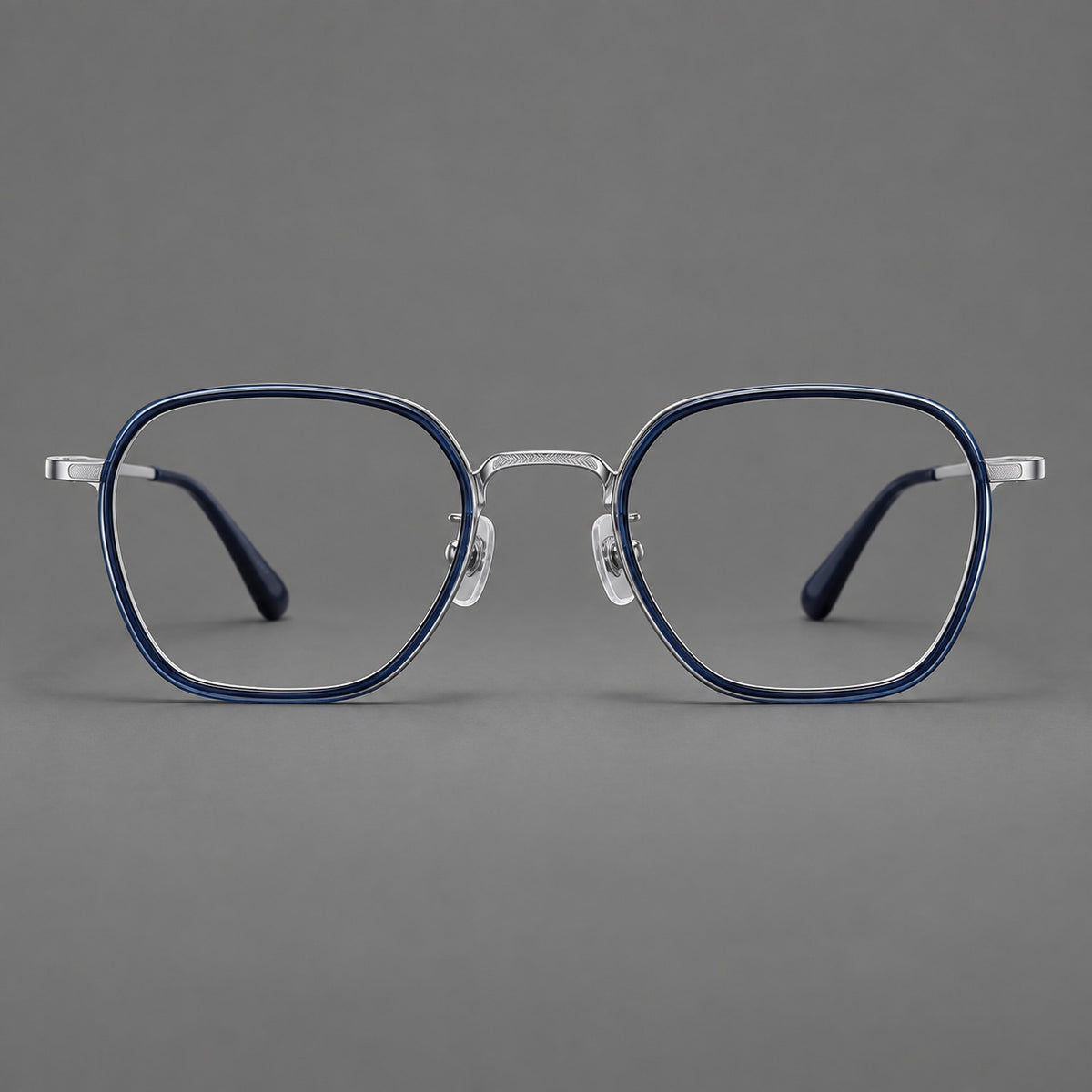 Soft square eyeglasses in acetate and titanium with slim rims and a finely engraved metal bridge — Blue / Silver — Front view [CINILY-JD2026-61026-C2]